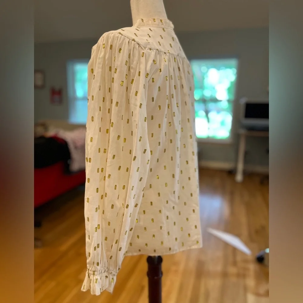 Dolan Left Coast Collection Metallic Gold Clip Dot Peasant Blouse Size M